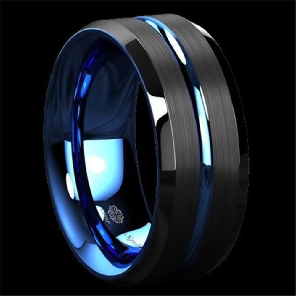 Men's Wedding Band - Blue Line Black Brushed Ring for Men and Women